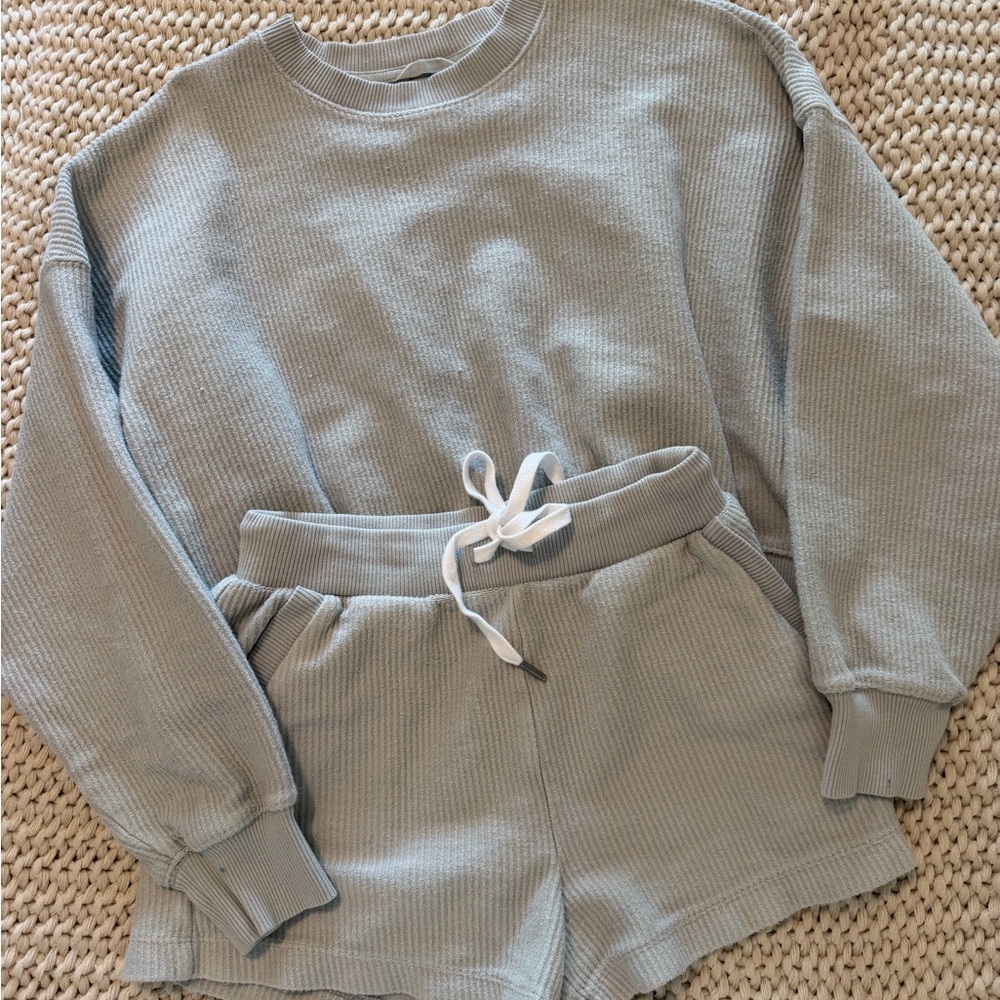 aerie Light Sage Waffle Crewneck Sweatshirt and Shorts Set